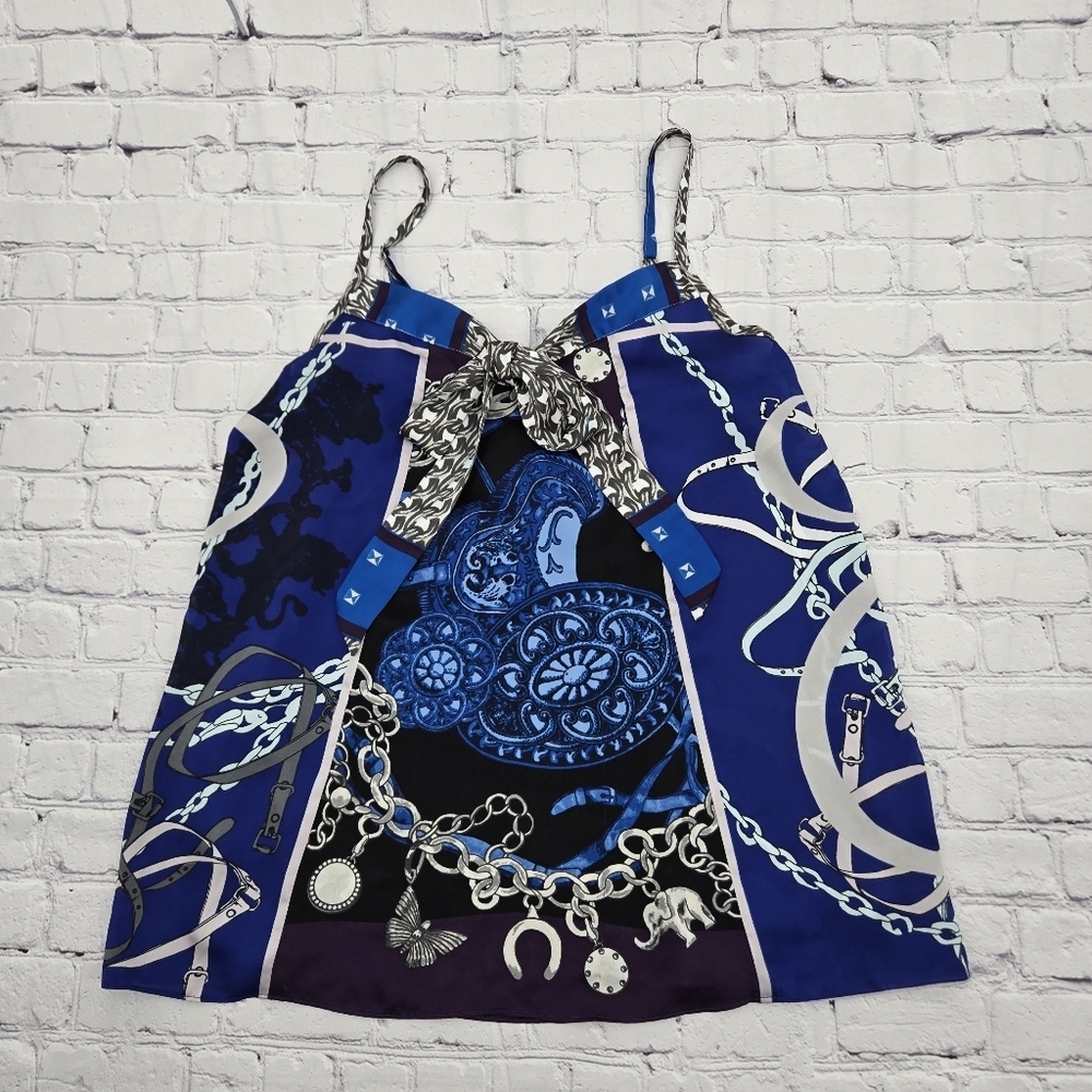 Y2K Express Blue and Black Charm Chain Print Spaghetti String Top SIZE:M